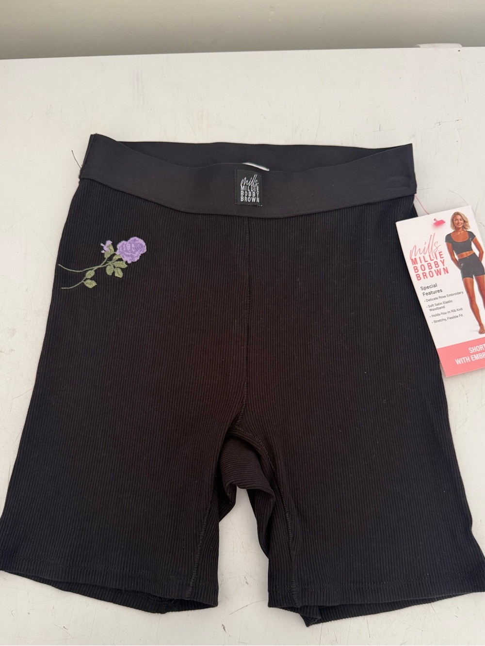 Black Ribbed Bike Shorts with Purple Rose